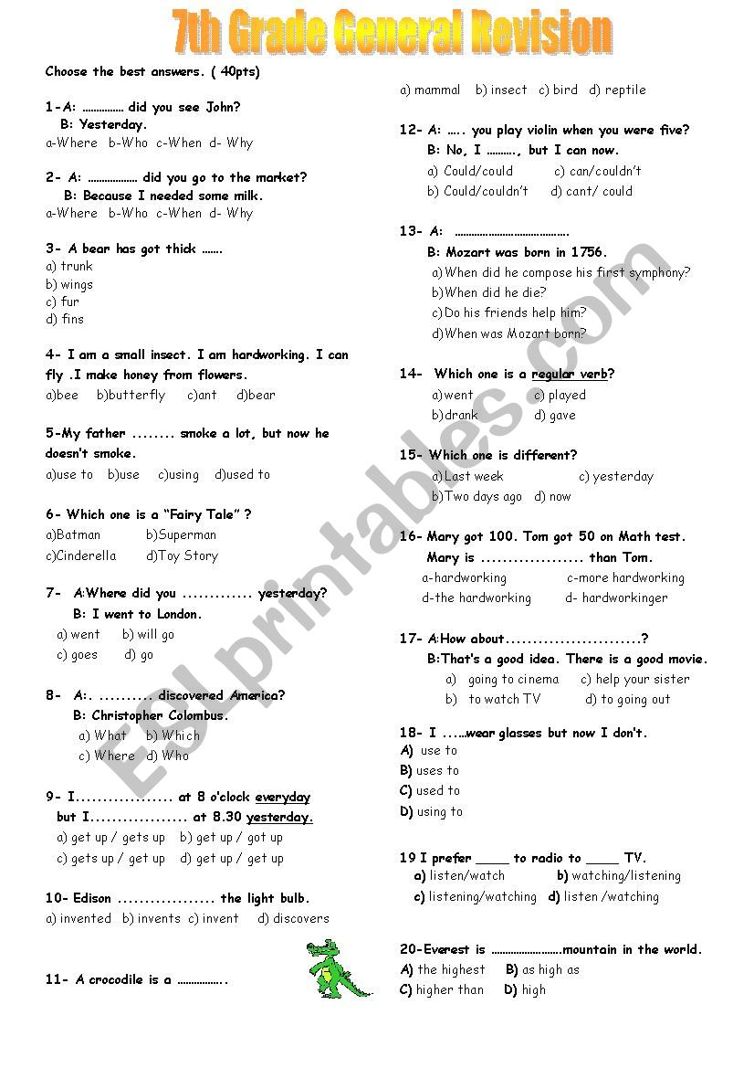 7th Grade General Revision worksheet