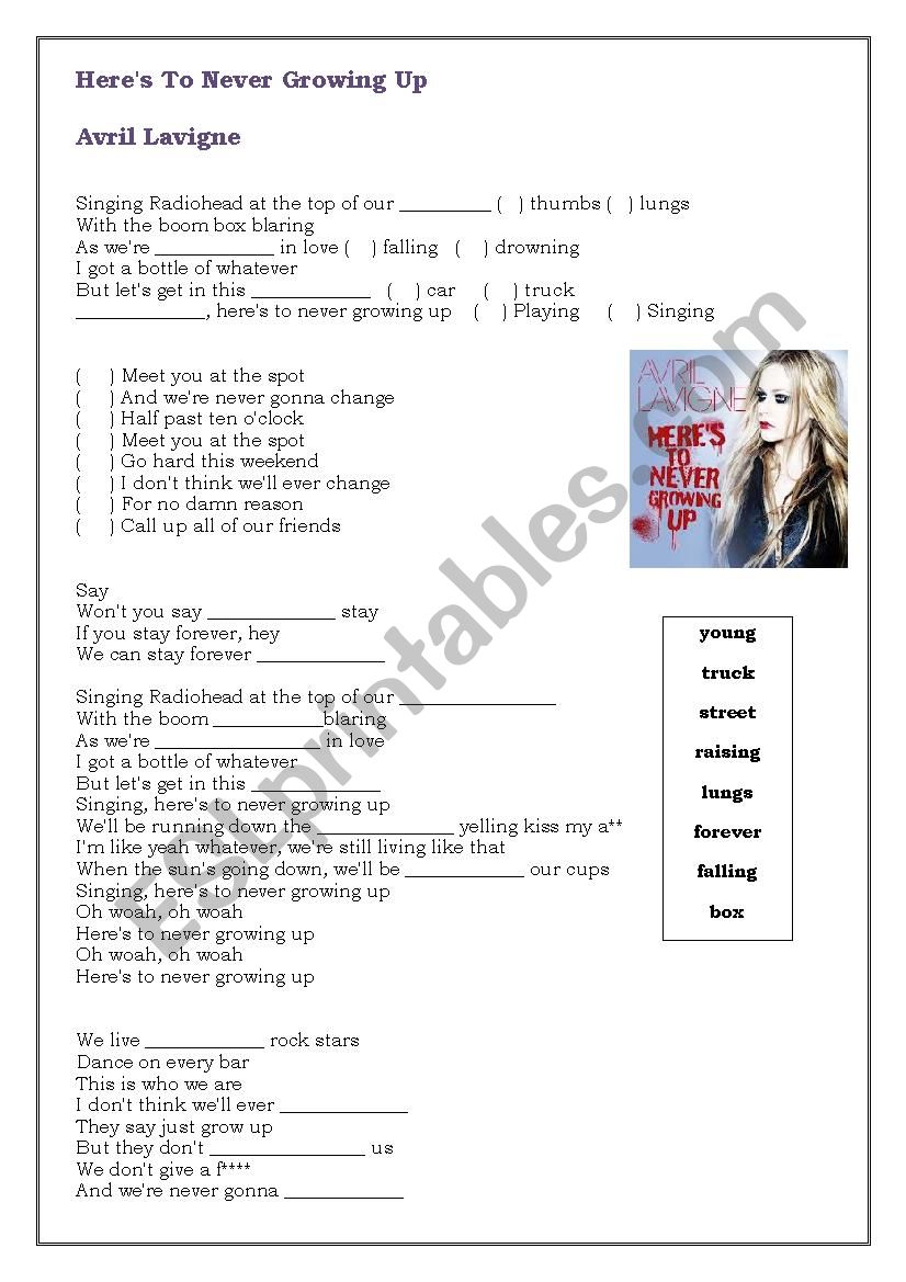 Worksheet - Heres To Never Growing Up - Avril Lavigne