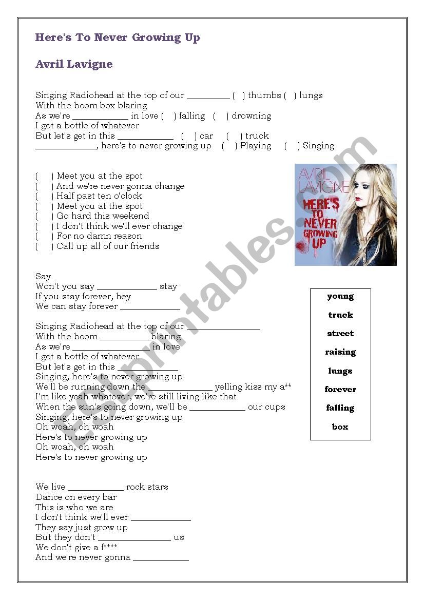 Worksheet - HereÂ´s To Never Growing Up - Avril Lavigne