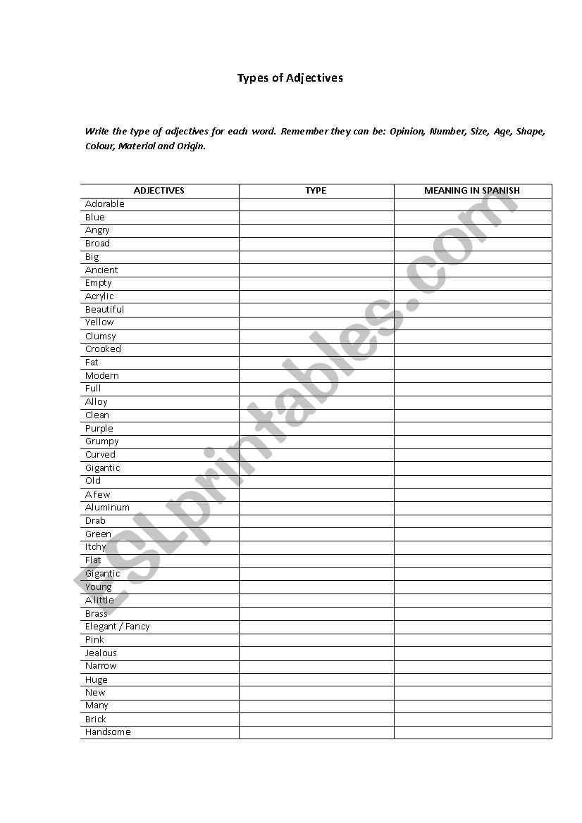 Types of Adjectives worksheet