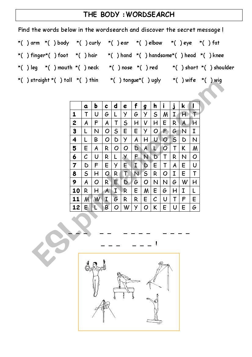 The body: wordsearch worksheet