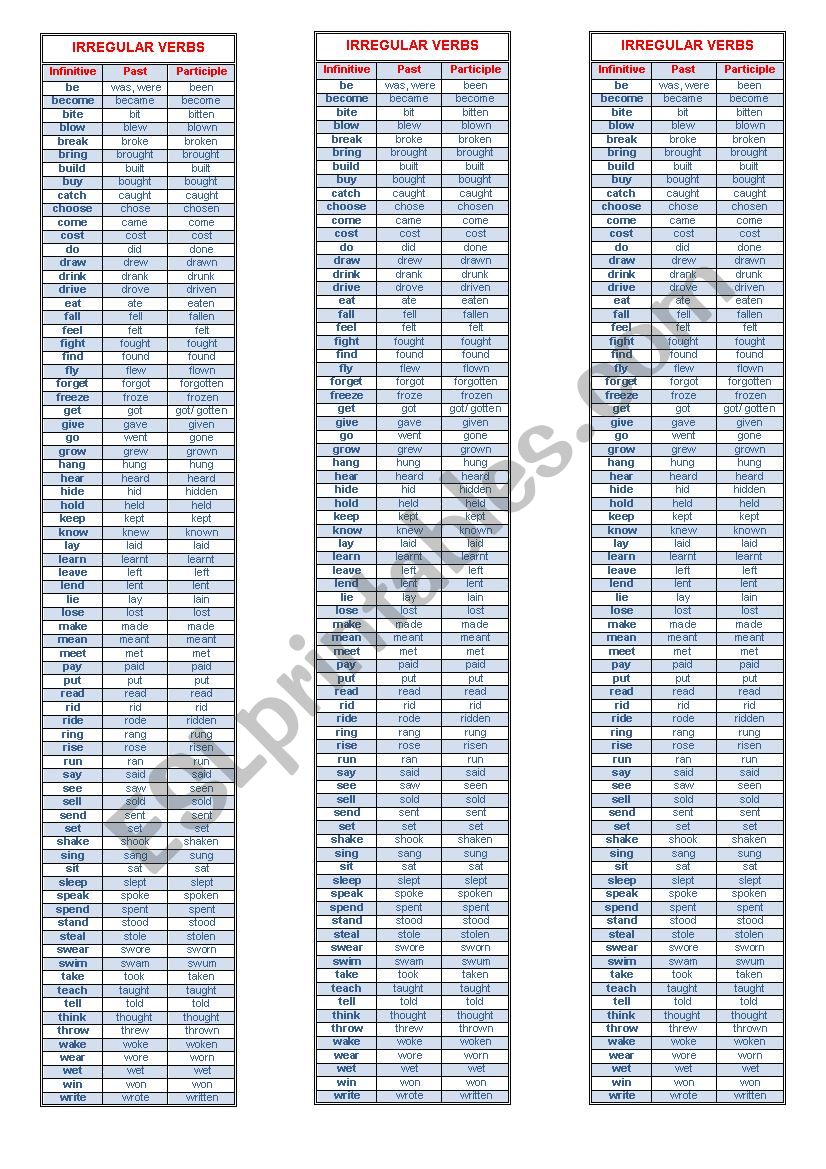 Irregular Verb Bookmark worksheet