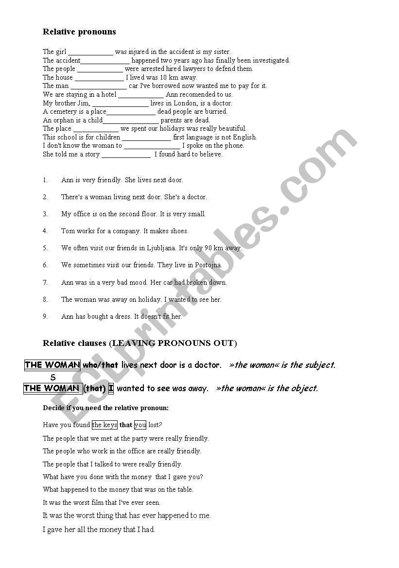 relative pronouns/clauses worksheet
