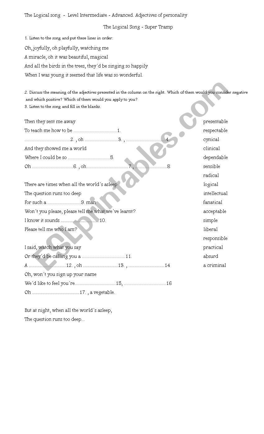 The logical song worksheet