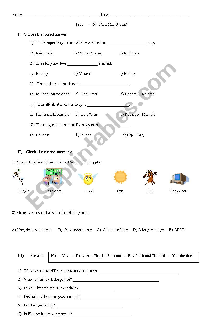 The Paperbag Princess Story Test