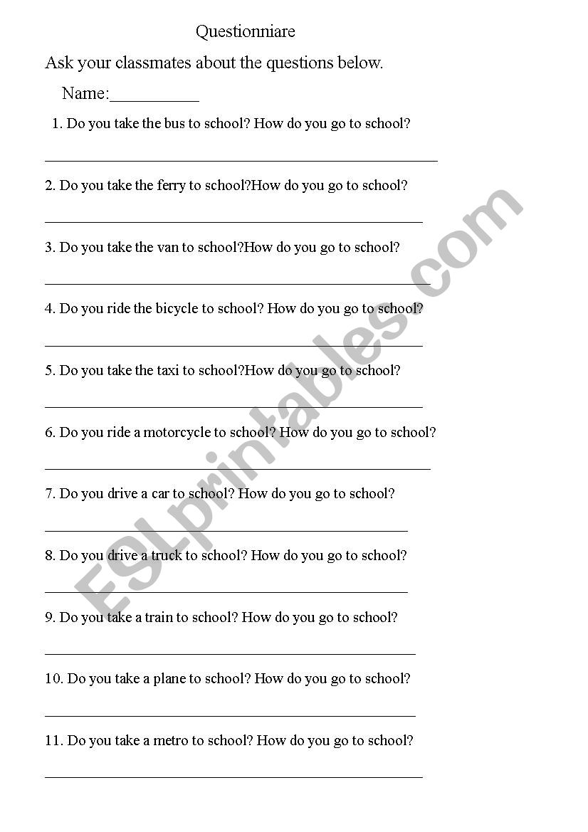 transportation questionnaire worksheet