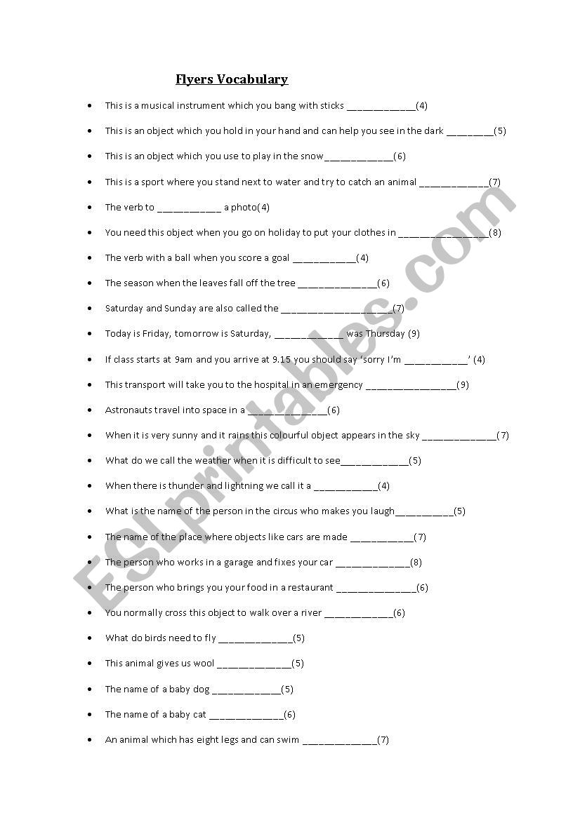 Flyers Vocabulary Quiz worksheet