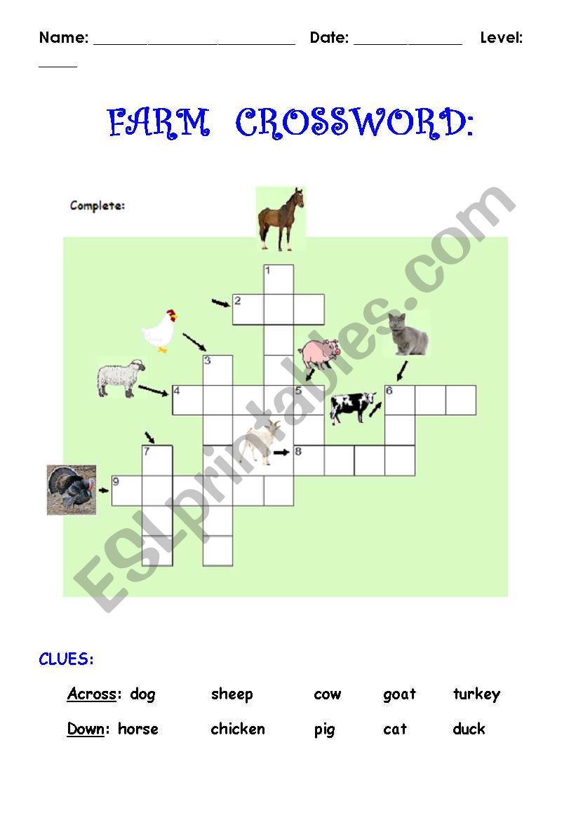 ON A FARM CROSSWORD worksheet