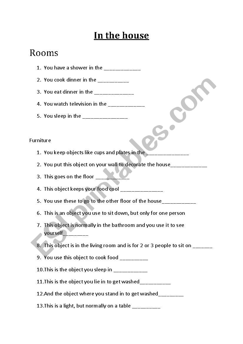 In the house worksheet