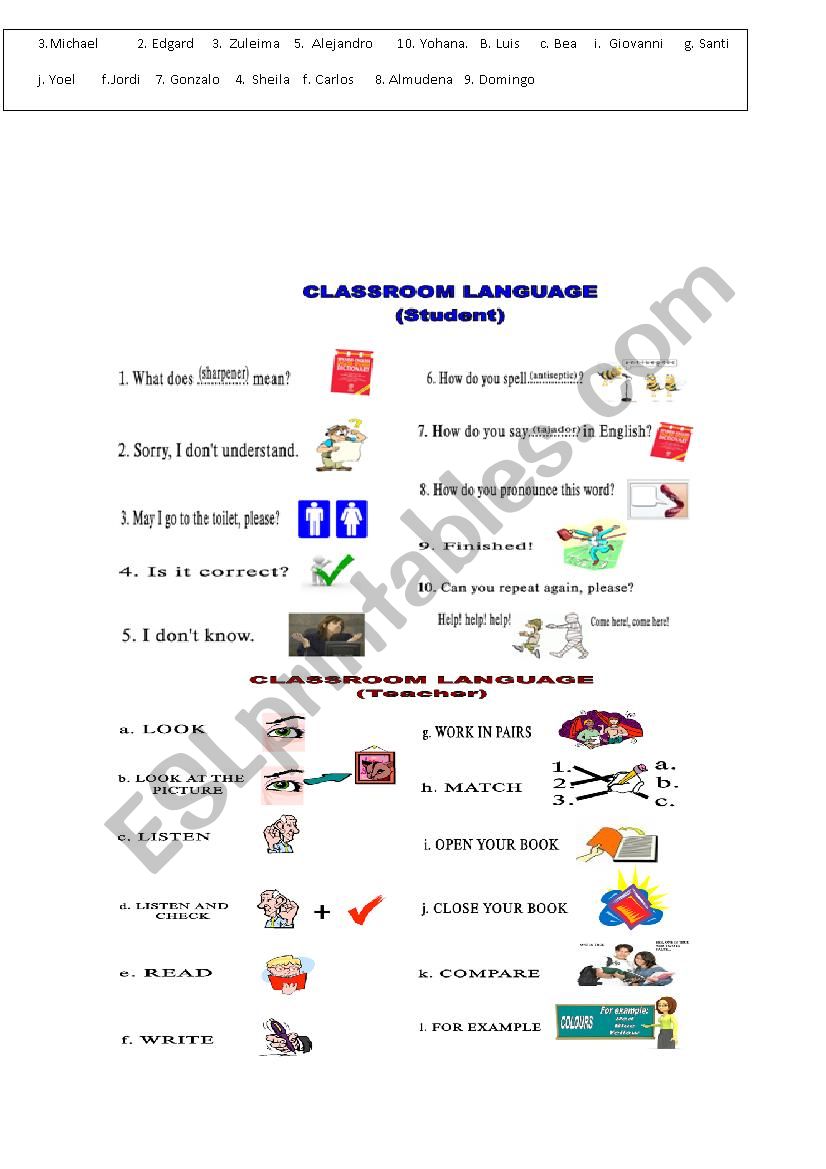 Classroom language worksheet