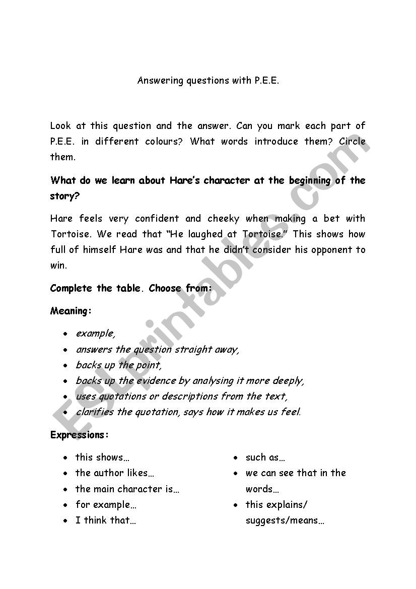 Hare & Tortoise PEE worksheet worksheet