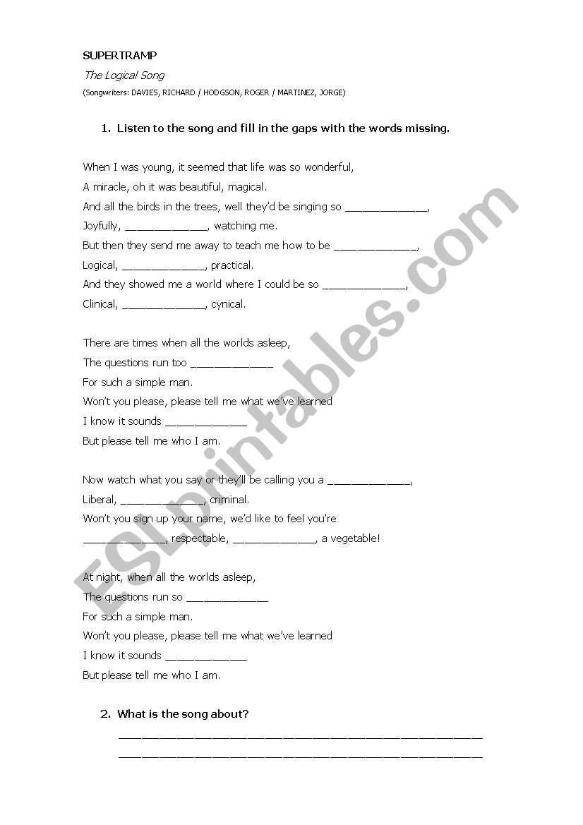 The Logical Song worksheet