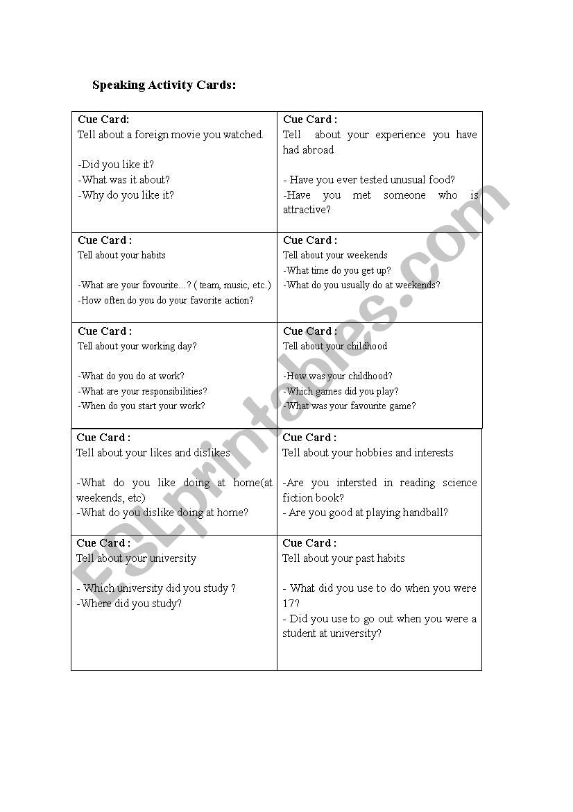 ESL A2-B1 Speaking Clue Cards worksheet