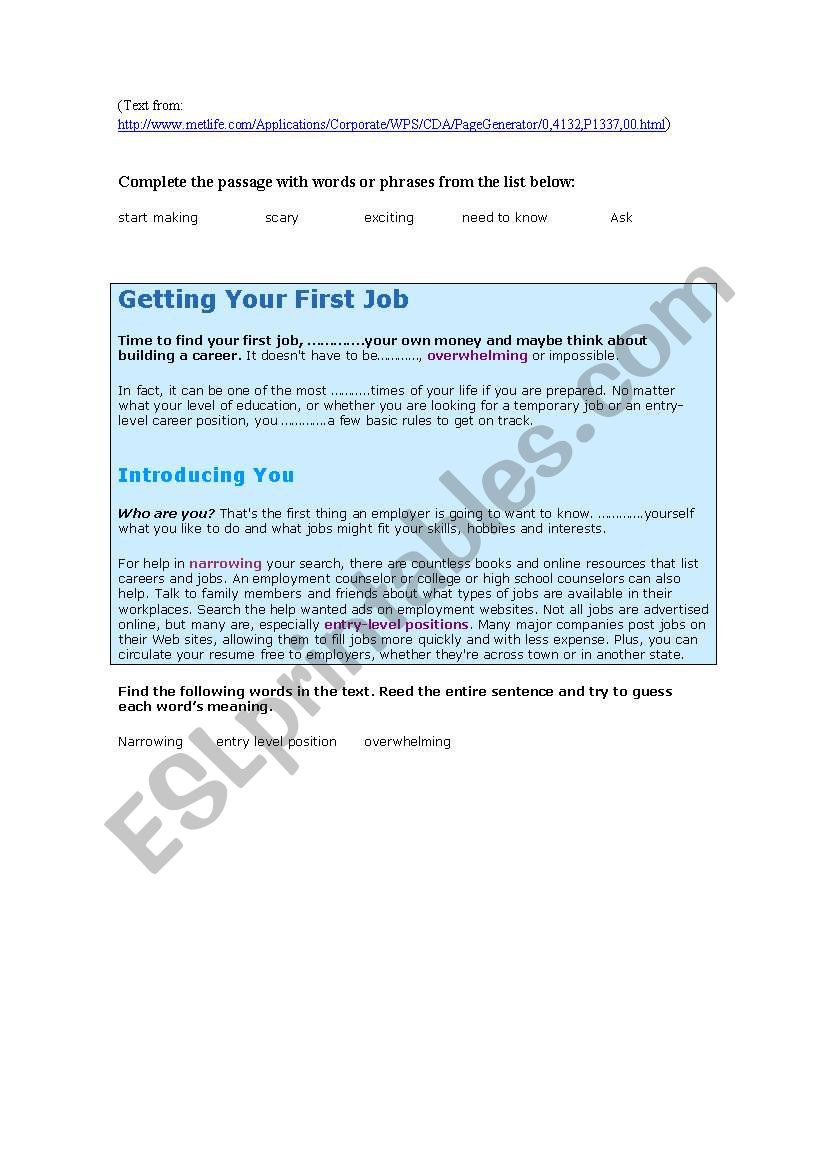 First Job worksheet