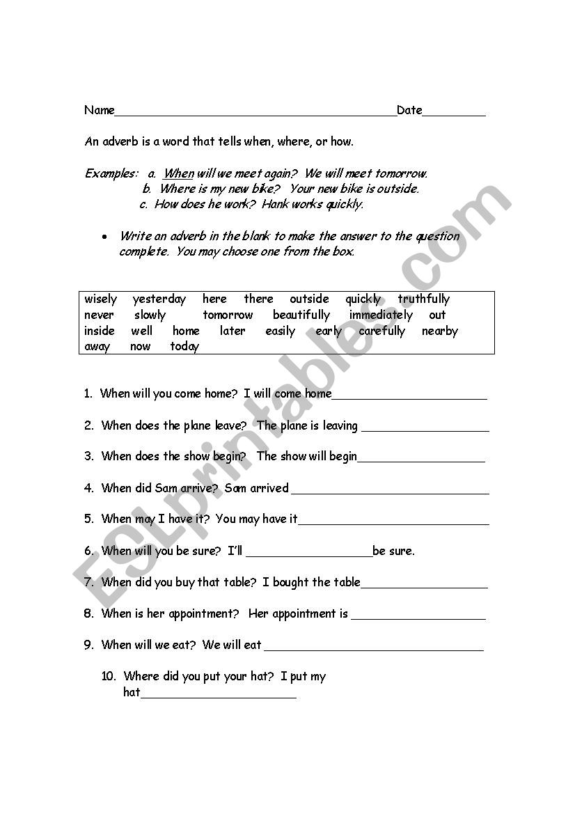 Adverbs  worksheet