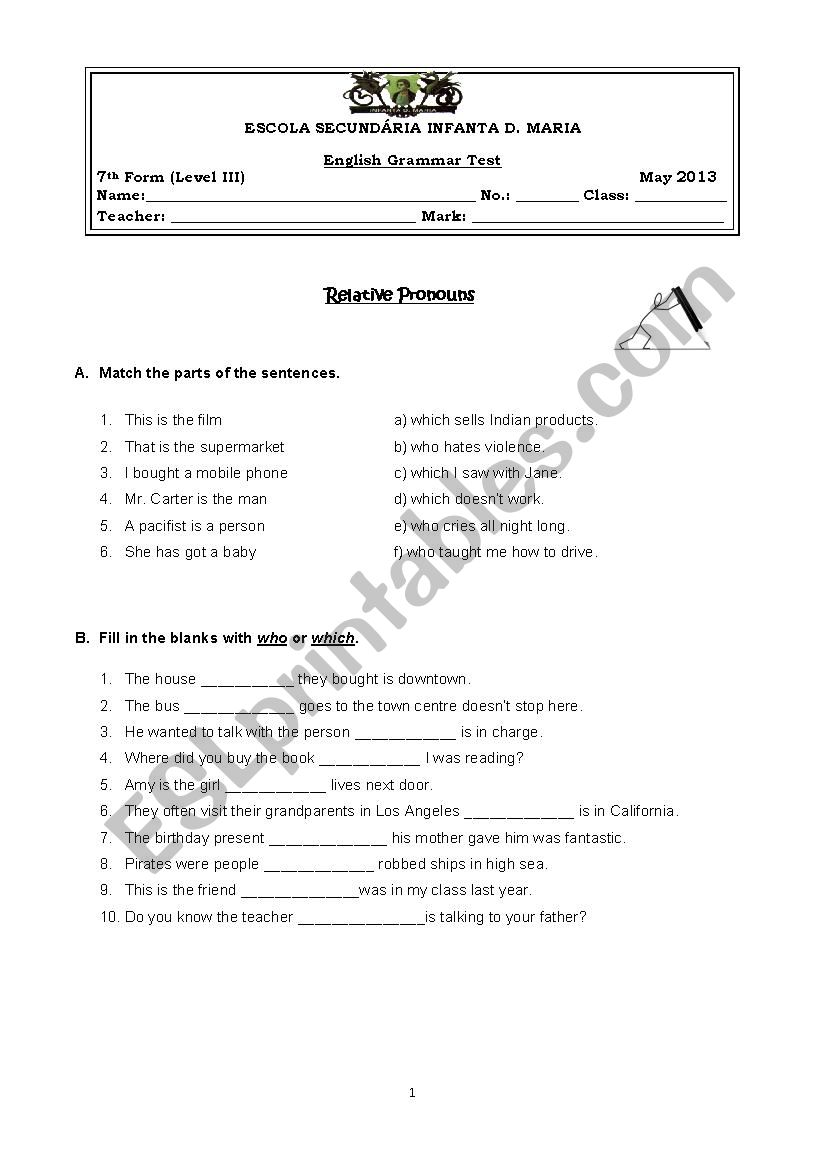 Grammar test worksheet