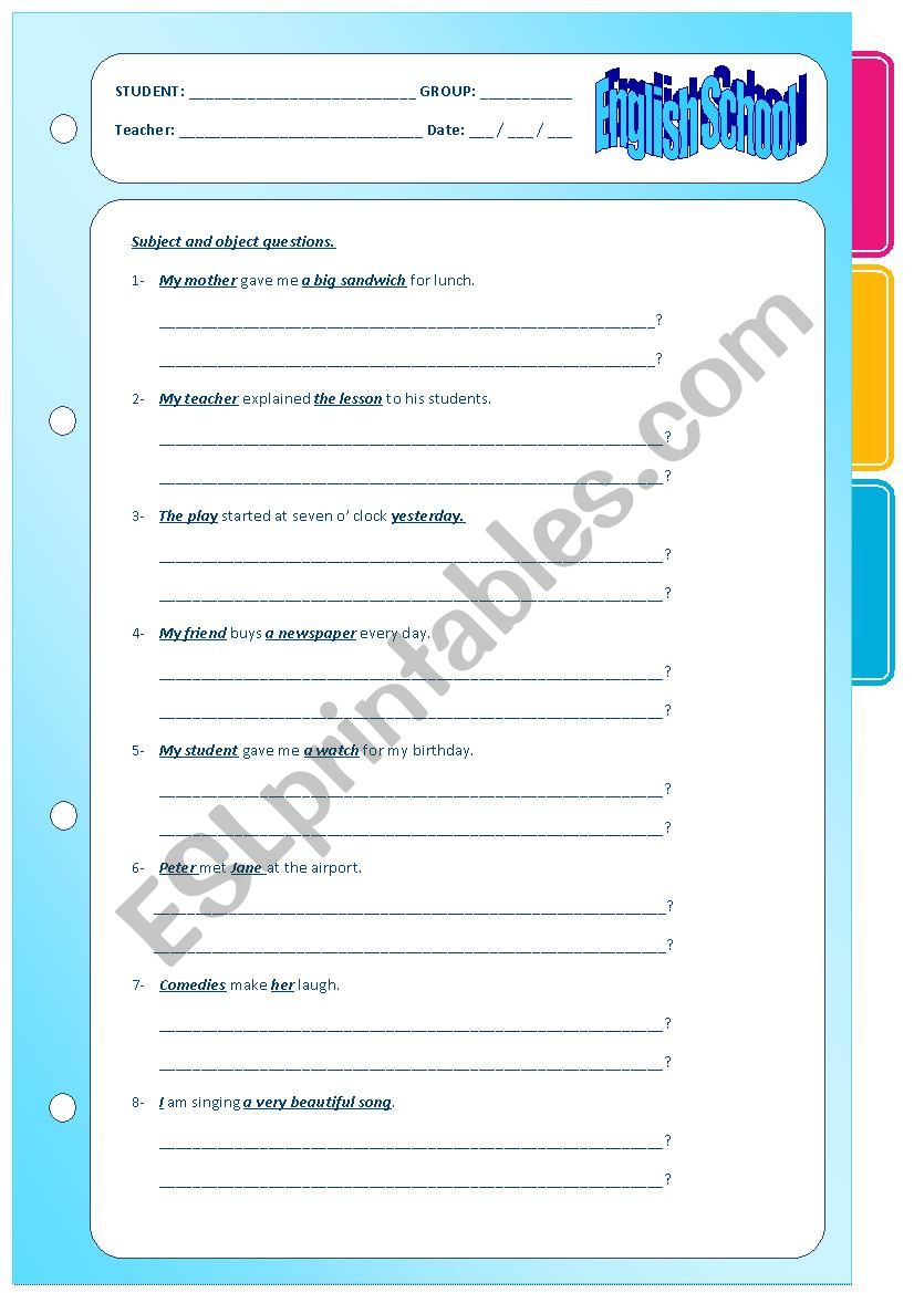 subject and object questions worksheet