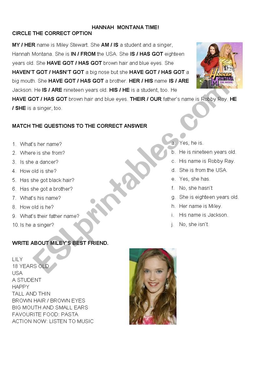 Hannah Montana helps you worksheet