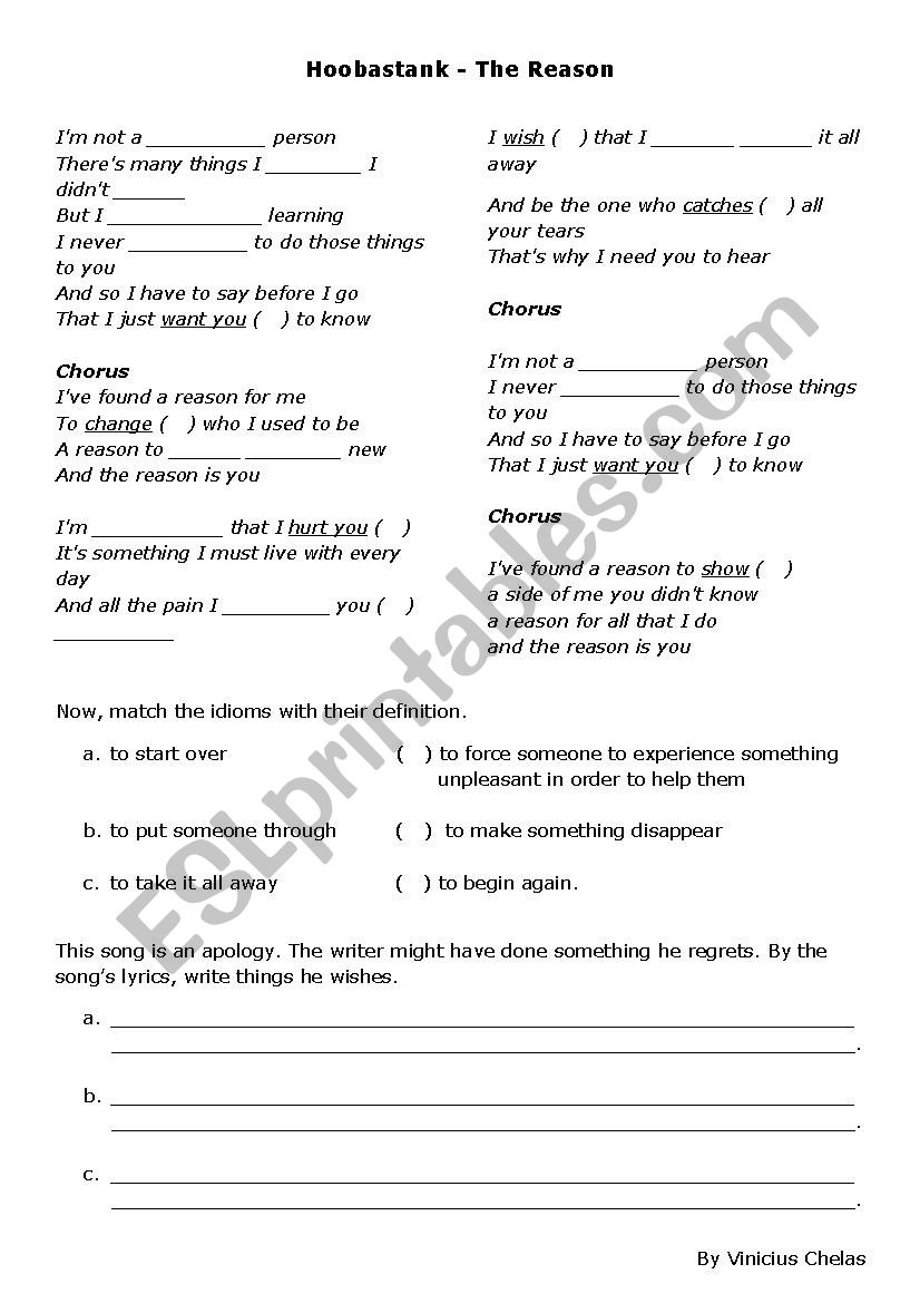 Hoobastank - The Reason worksheet