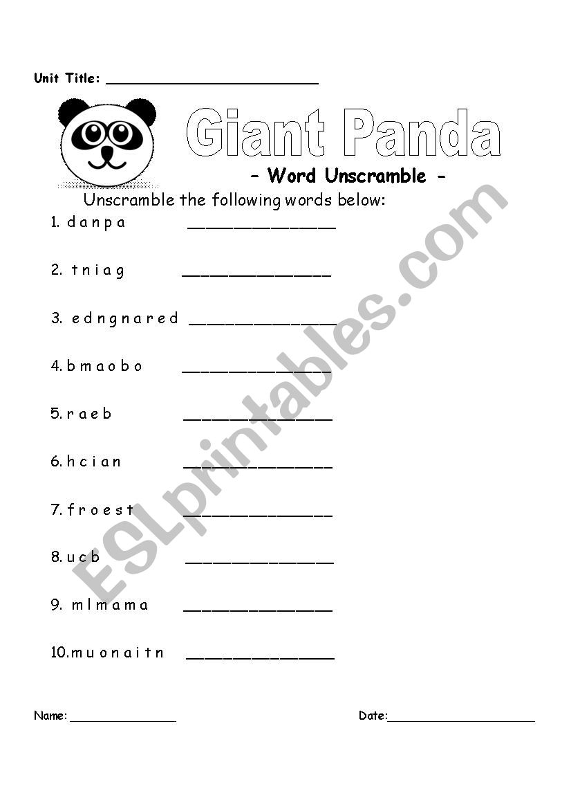 Panda Words Unscramble worksheet