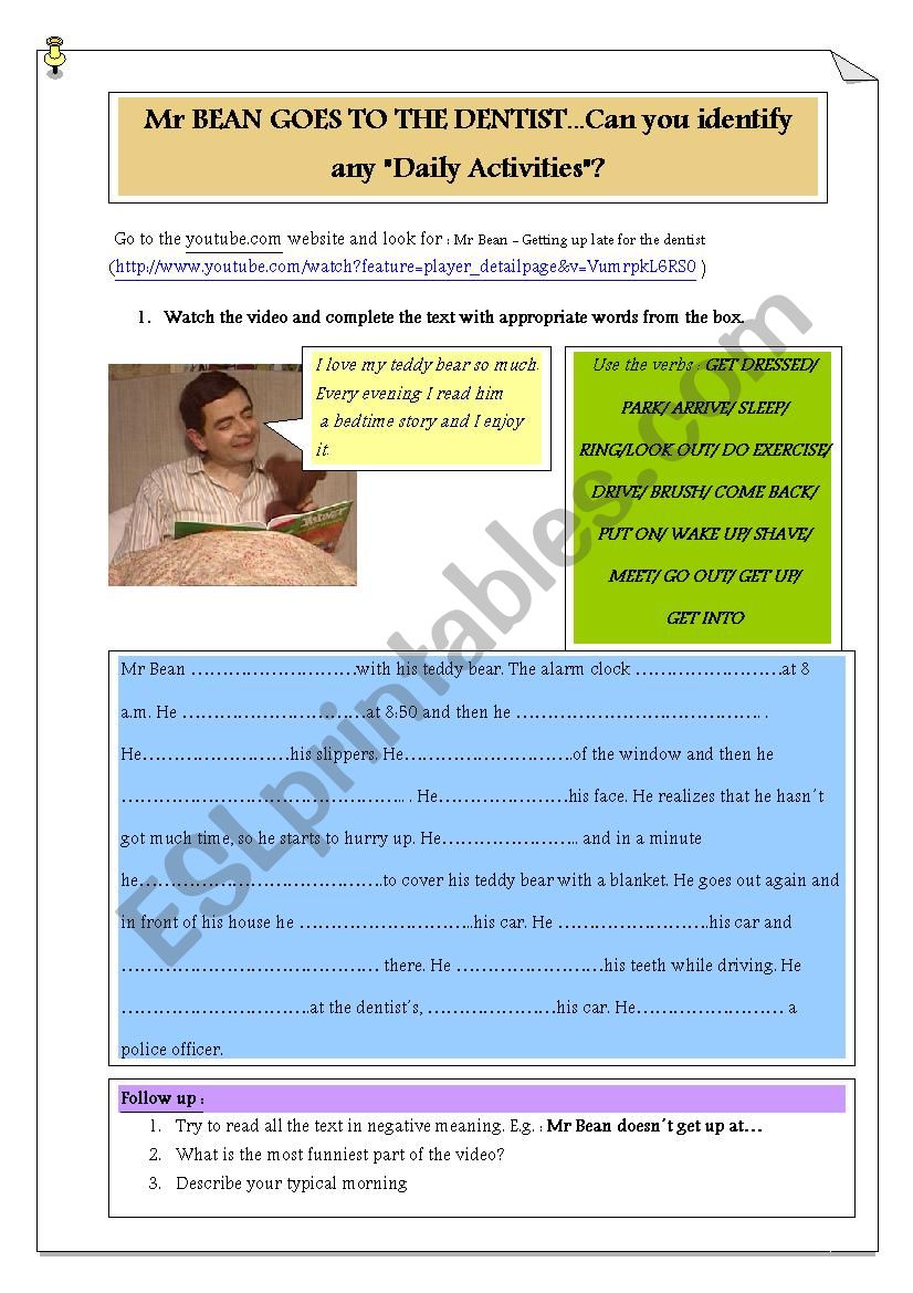 Mr Bean - daily activities worksheet