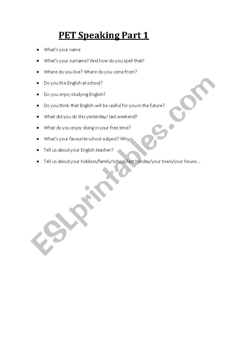 PET Exam Speaking Part 1 worksheet