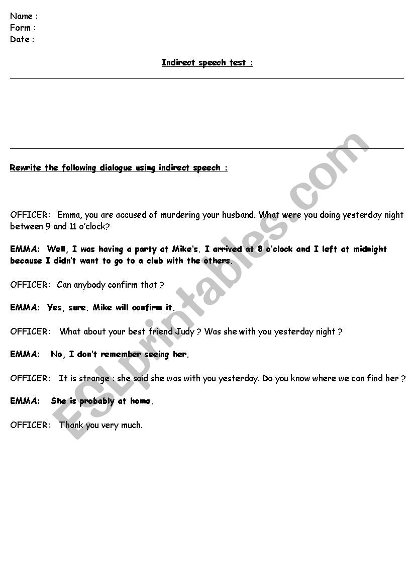 Indirect speech test worksheet