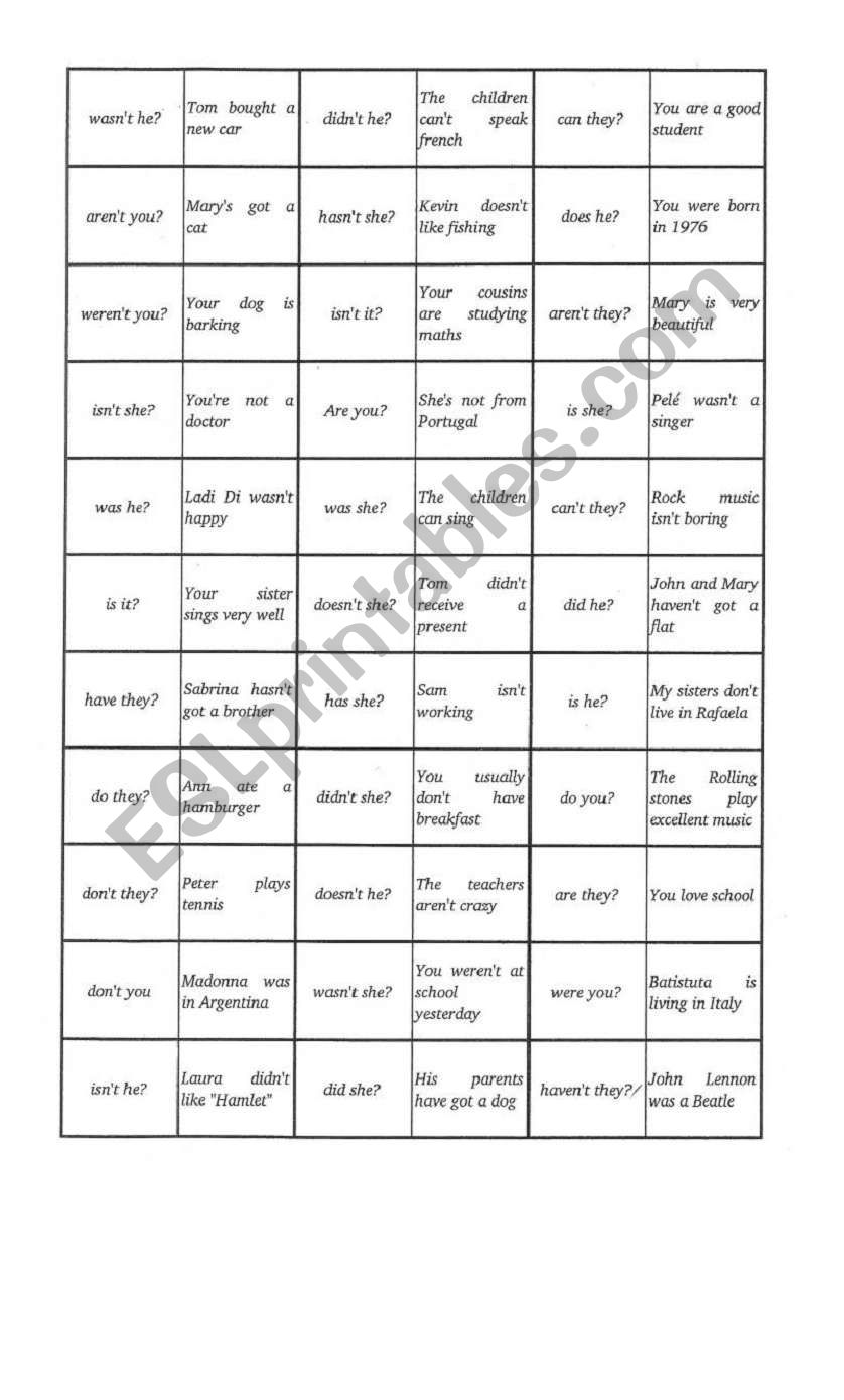 Tag Questions Domino worksheet