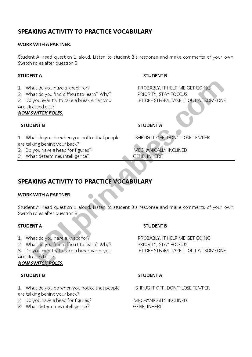 speaking activity worksheet