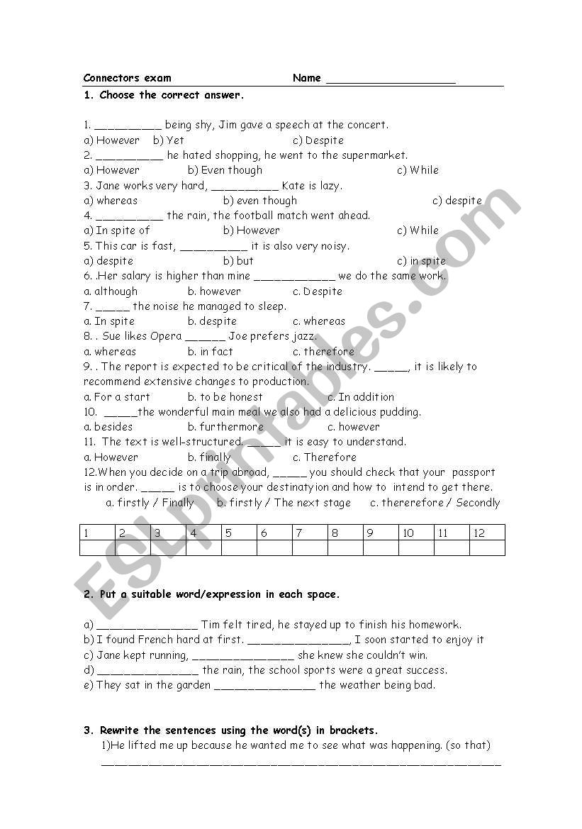 exams on connectors worksheet