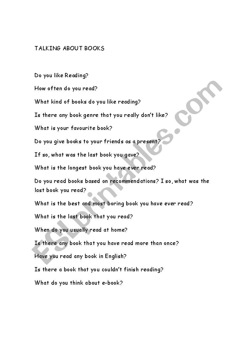 talking about books worksheet