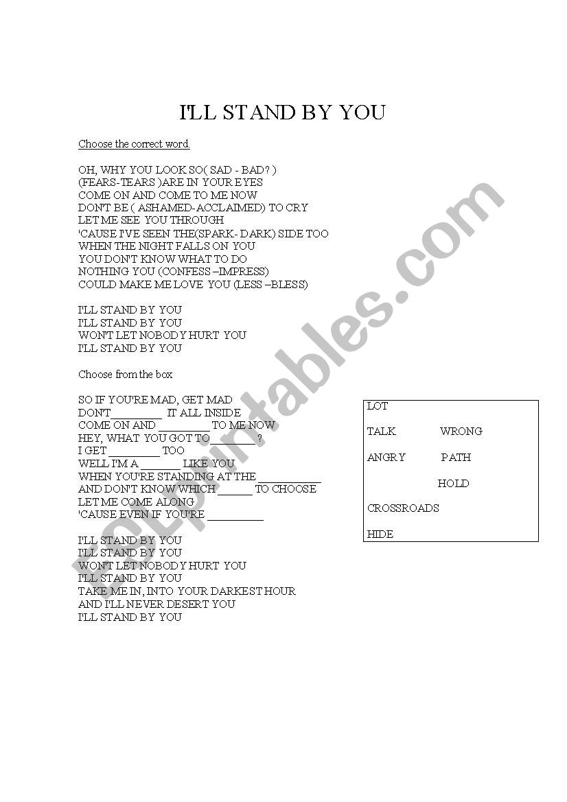 ILL STAND BY YOU worksheet