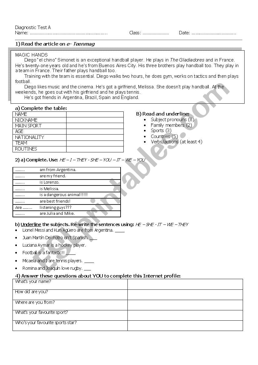 Diagnostic Test for Beginners worksheet