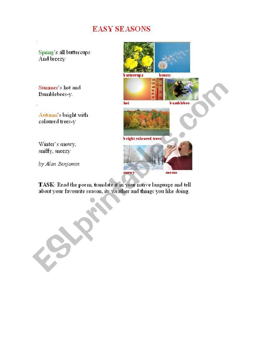 EASY SEASONS poem worksheet