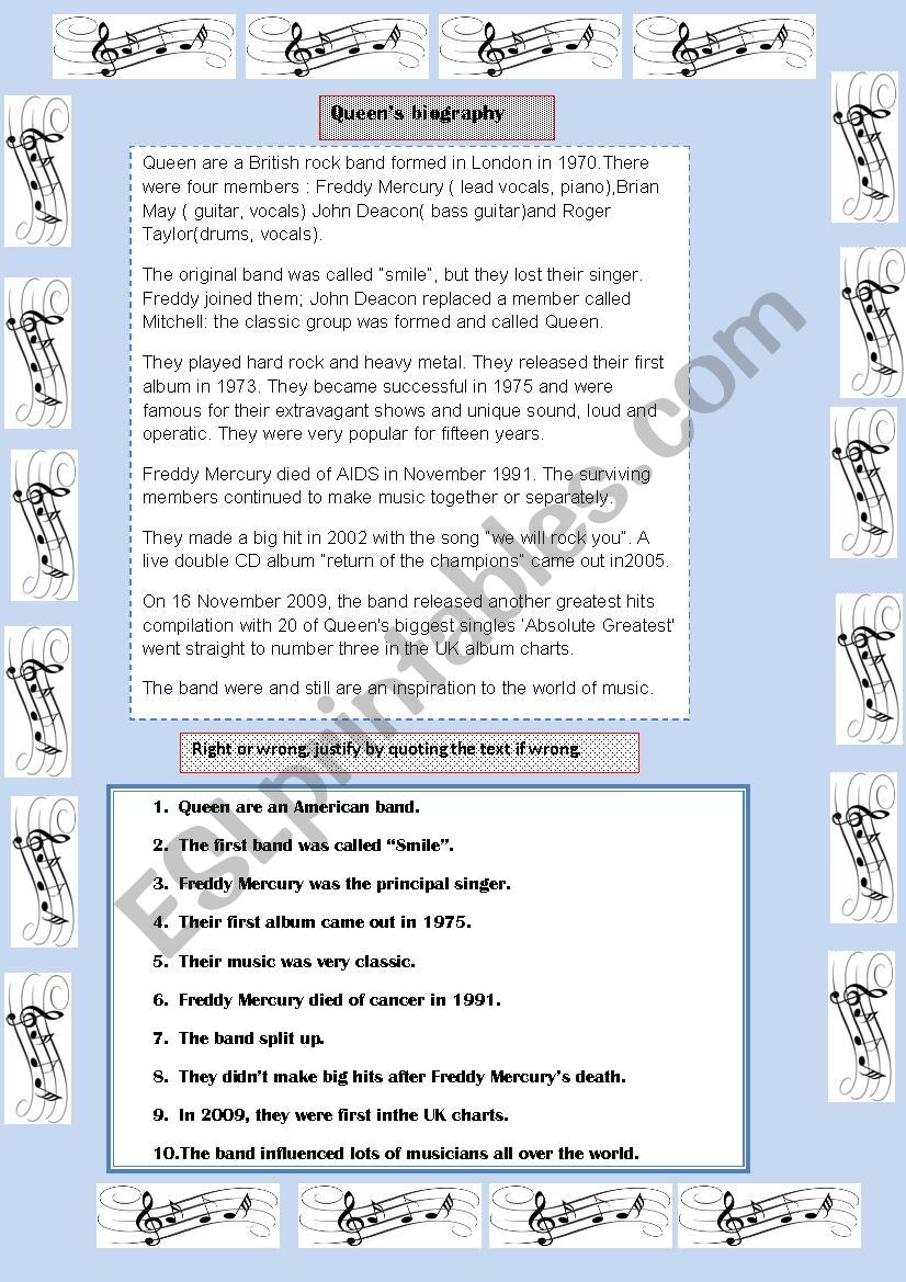 QueenÂ´s biography worksheet