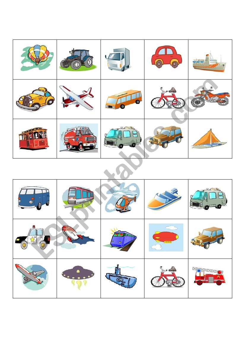 means of transport bingo cards