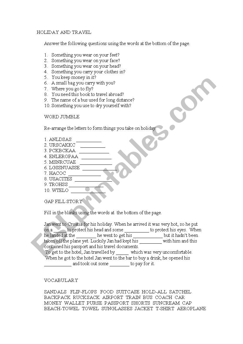 Holiday and travel worksheet