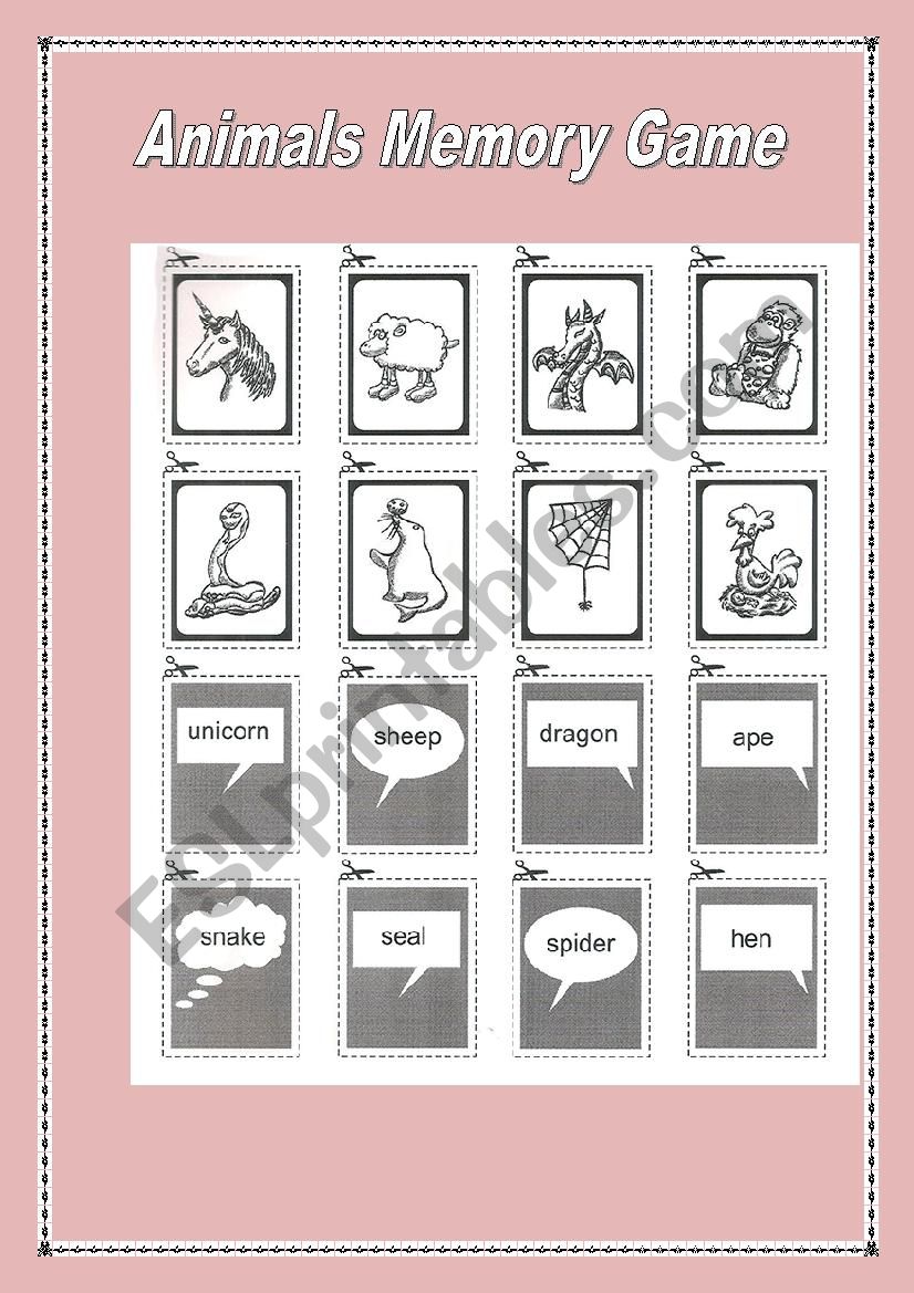 Animals memory game worksheet