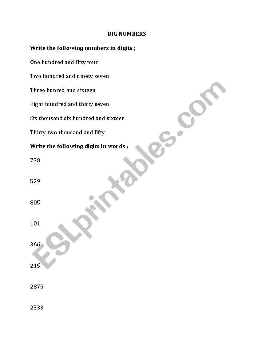 Big numbers worksheet