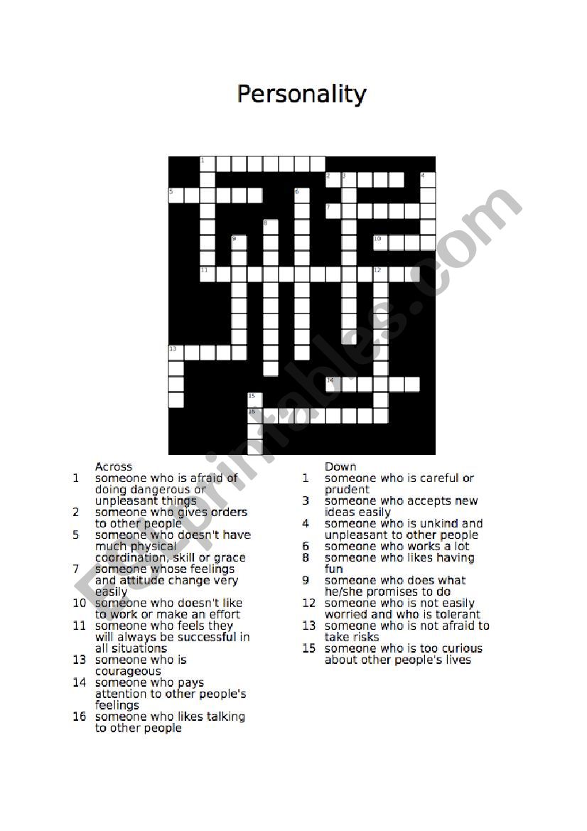 Personality crossword worksheet