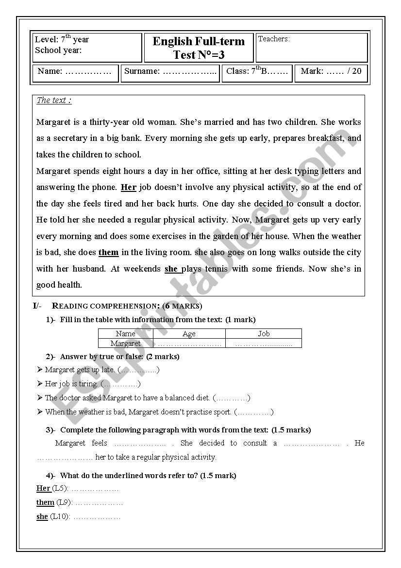 7th form global test 3 worksheet