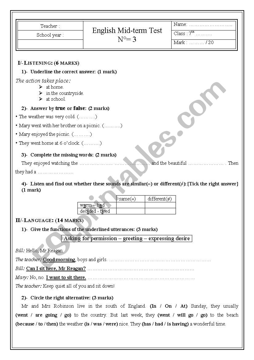 Ã¨th form mid term test N3 worksheet