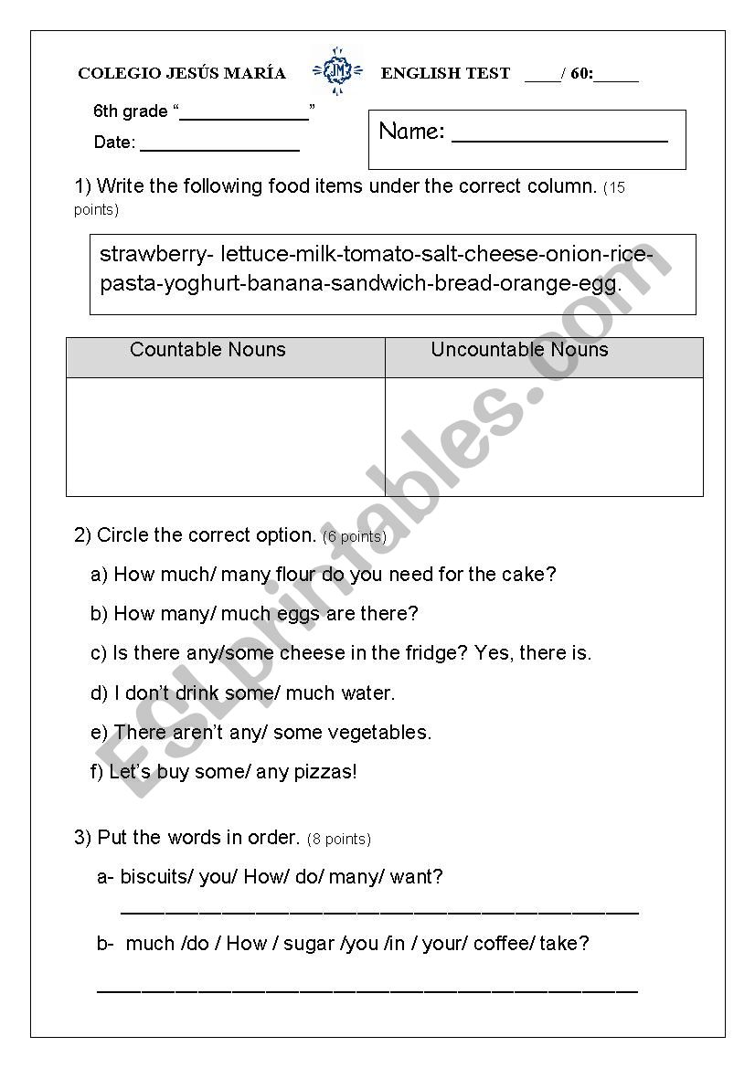 Test for 6th grade worksheet