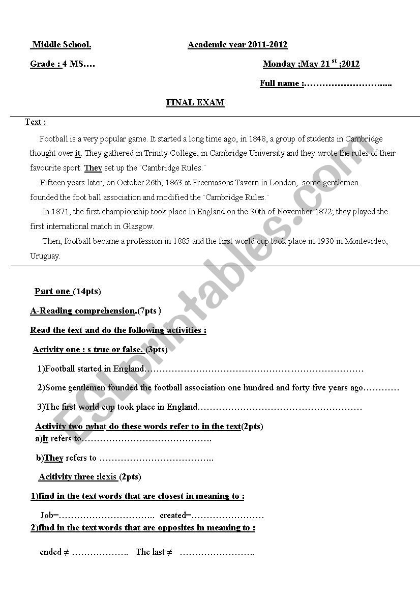 football worksheet