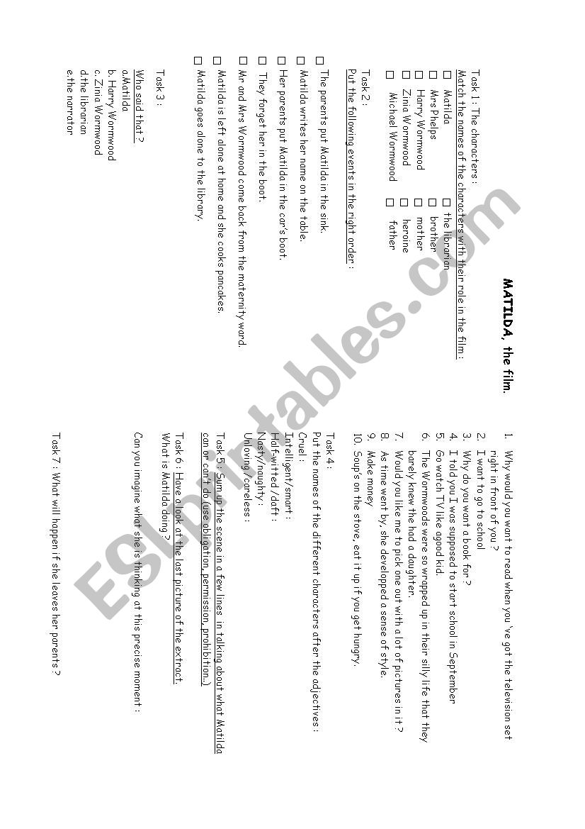 MATILDA, the film worksheet