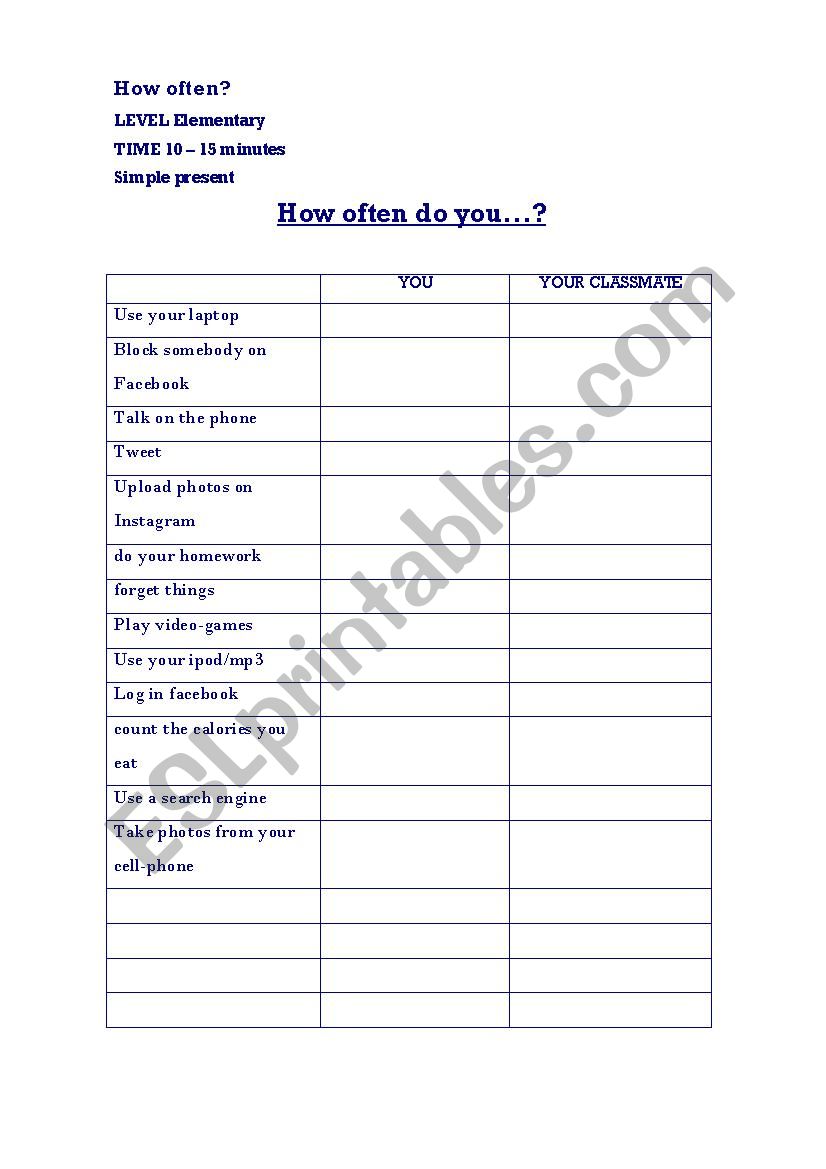 How often do you? worksheet about Frequency Adverbs