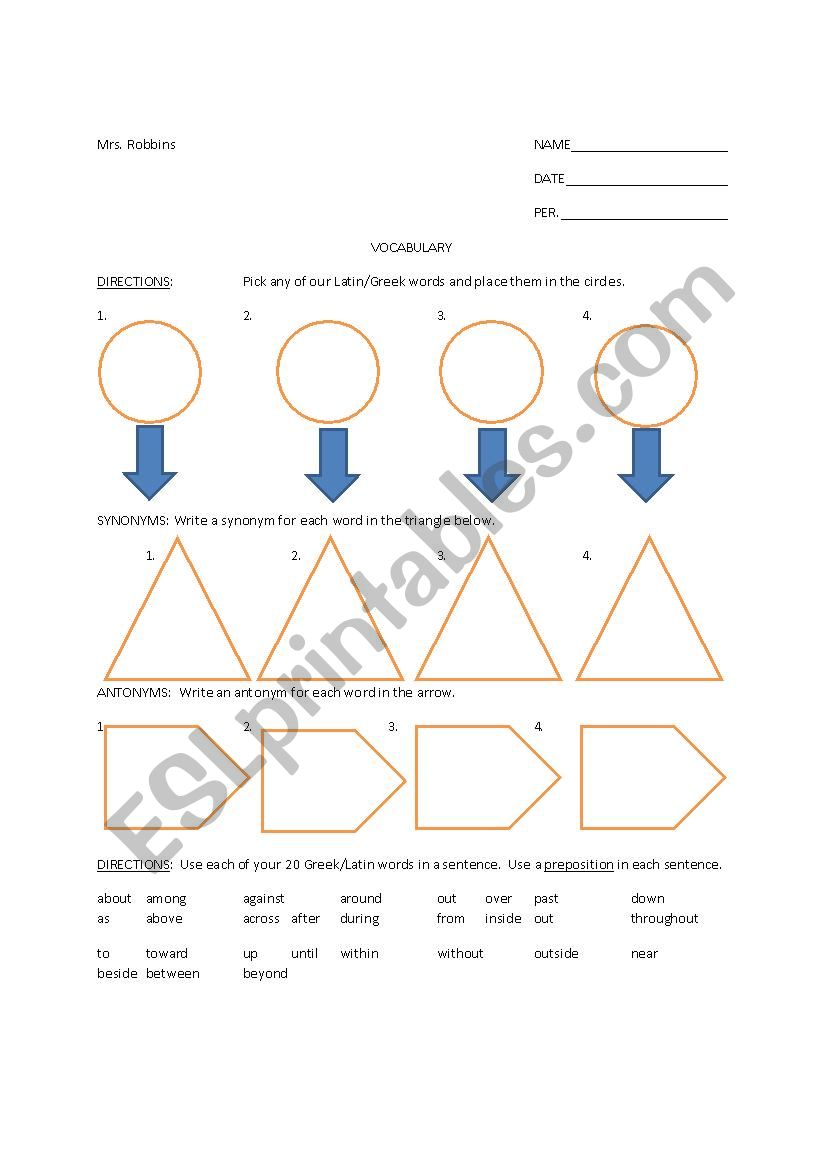 vocabulary chart for synonyms & antonyms