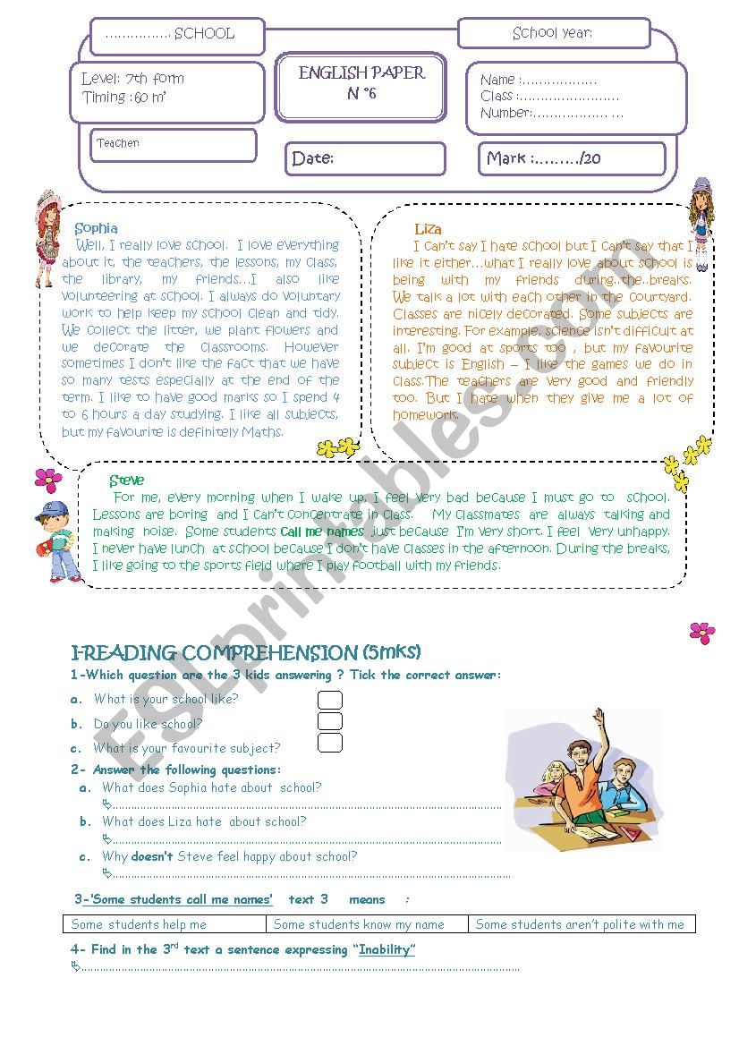 end of term test 3 for 7th  form 