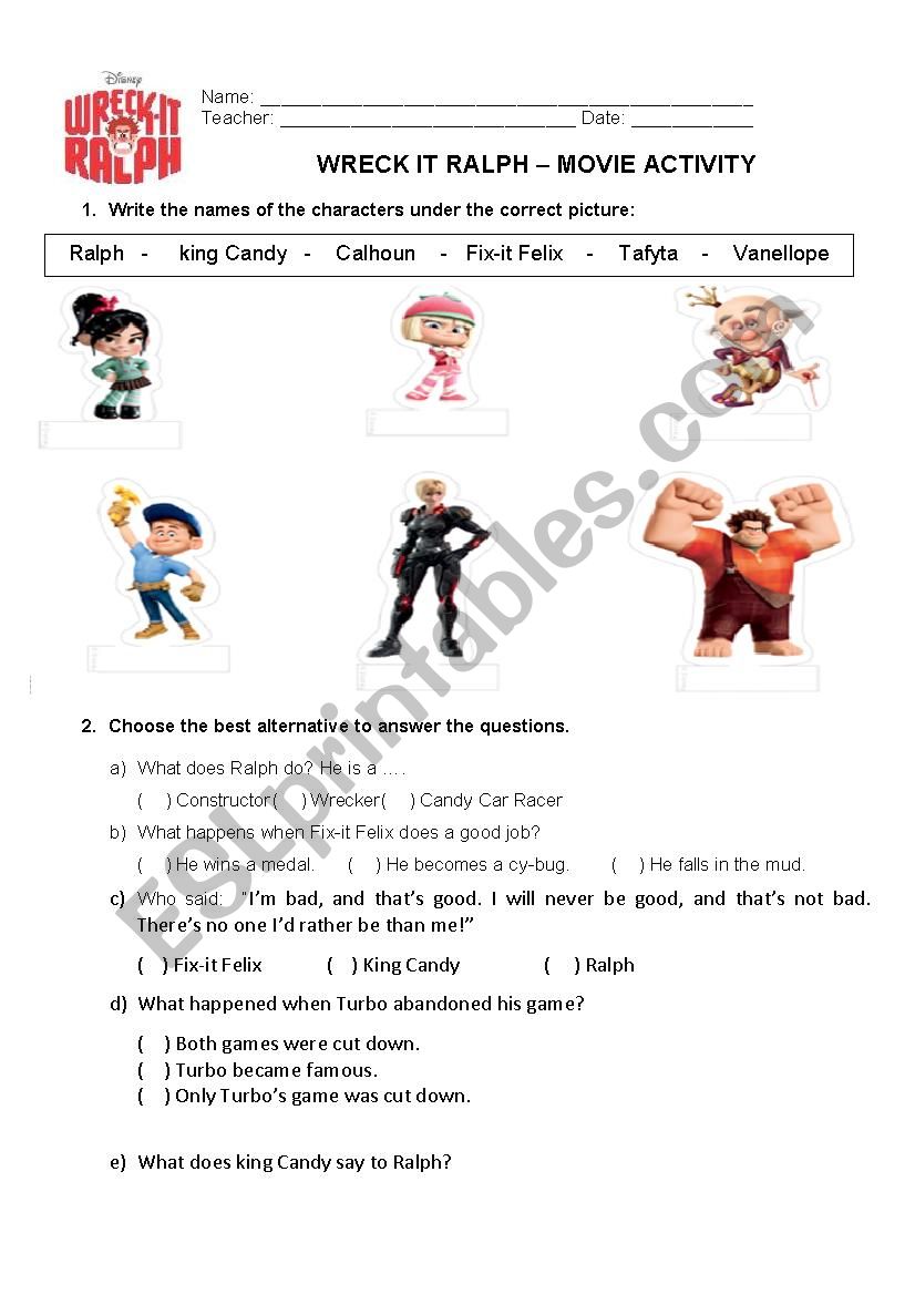 Wreck it Ralph 3 worksheet