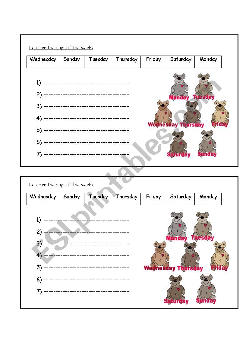 days of the week  worksheet